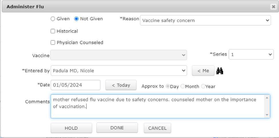 Example Of Documenting Reason For Vaccine Declination In Ehr